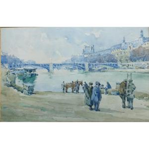 L .R. Guiraud  " Pont Parisien " Aquarelle 1928