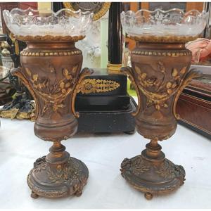 Paire de Cassolettes en bronze et cristal XIX