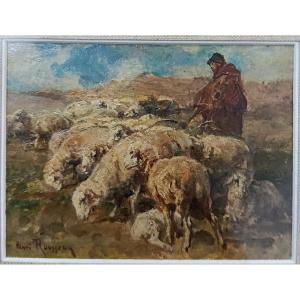 Henri Emilien Rousseau  " Berger et son troupeau " huile sur panneau de  bois 