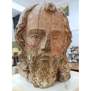 XVII ème Tête de Christ sculpture bois polychrome 