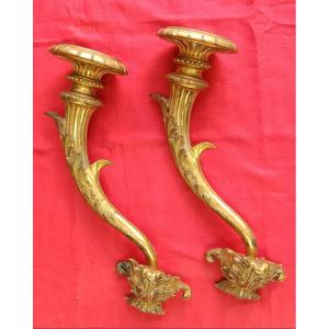 Paire d'appliques en bronze doré en forme de cornes d'abondance XIX