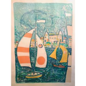 Paul Aïzpiri  Port Of Cannes Lithograh