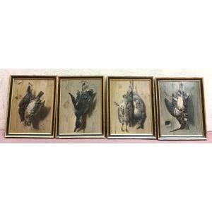 4  tableaux trophés en  trompe l'oeil chromolithographies XIX