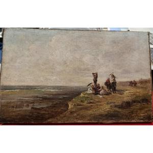 " Bord de mer animé " Huile sur toile fin XIX