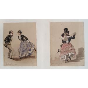 XIX Gribouillat  " jeunes couples dansant " 2  aquarelles 