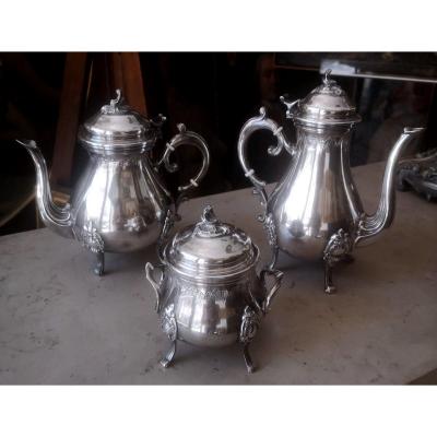 3 Piece Tea / Coffee Service In Silver Metal. Twentieth