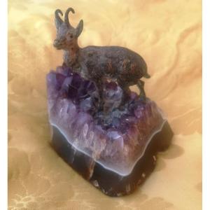 Small Patinated Bronze Chamois On Amethyst Base Early Twentieth