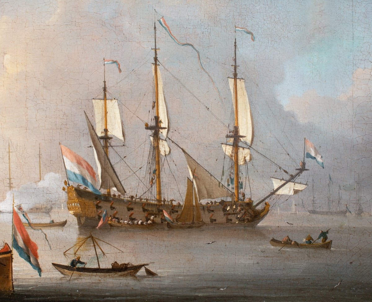 Bateau Hollandais au mouillage dans une rade. Ecole de Willem Van de Velde le jeune XVIIème S-photo-2