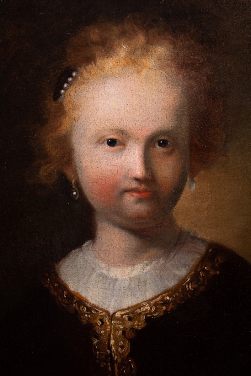 Portrait d’une jeune fille. Ecole de Rembrandt, époque XVIIème Siècle.-photo-2