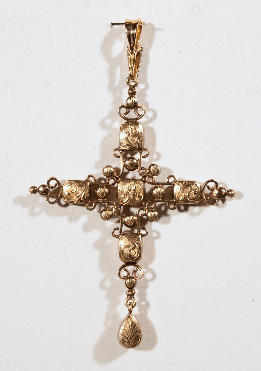 Pendentif Croix en Or, Emeraudes et petits Diamants. Espagne fin du XVIIIe début XXe siècle.-photo-2