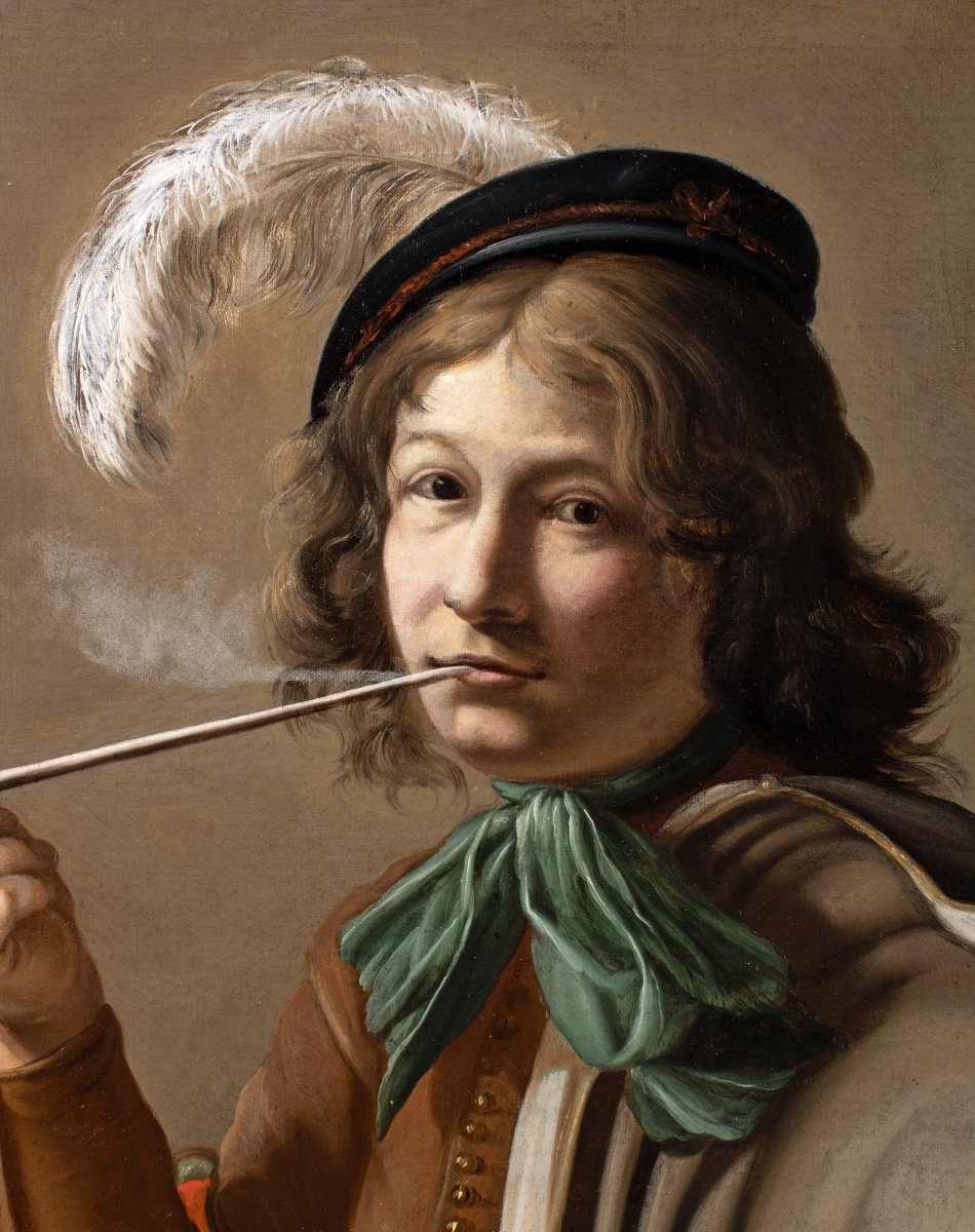 Jeune homme au béret fumant la pipe. Ecole Caravagesque nordique du XVIIème Siècle-photo-2