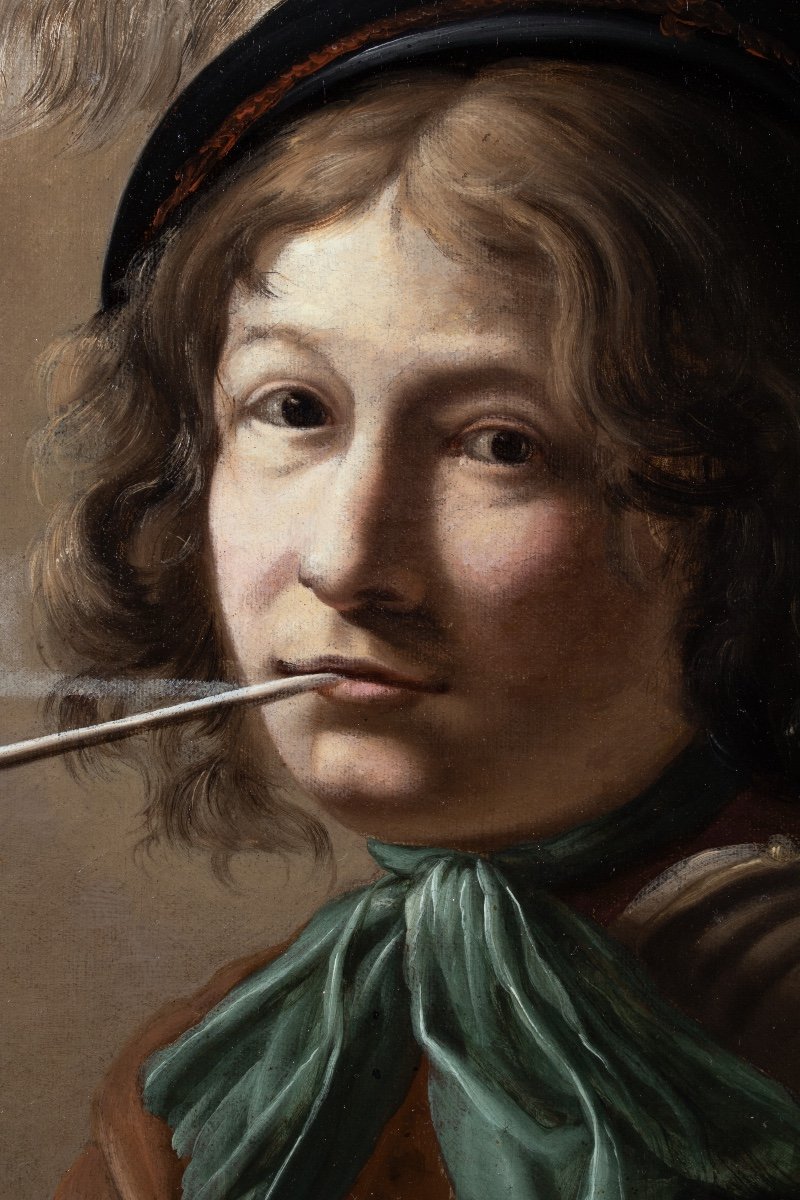 Jeune homme au béret fumant la pipe. Ecole Caravagesque nordique du XVIIème Siècle-photo-3