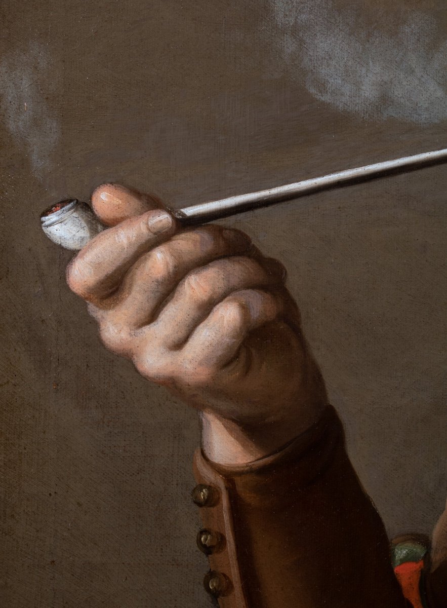 Jeune homme au béret fumant la pipe. Ecole Caravagesque nordique du XVIIème Siècle-photo-4