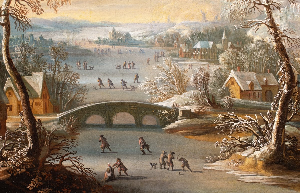 Winter Landscape With Skaters On A Frozen River. Dutch School Late 17th Century-photo-3