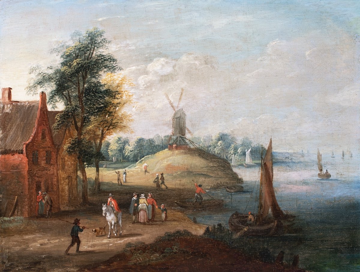 Estuary Landscape With Villagers And Fishermen. School Of Jan Brueghel The Younger 17th Century-photo-2