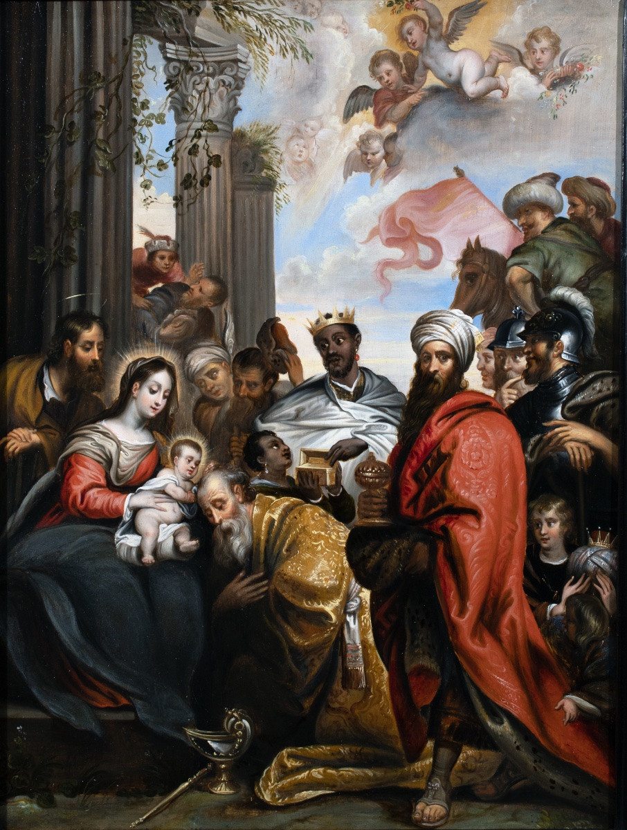 Adoration des Rois Mages. École Flamande du XVIIe Siècle vers 1630-photo-1