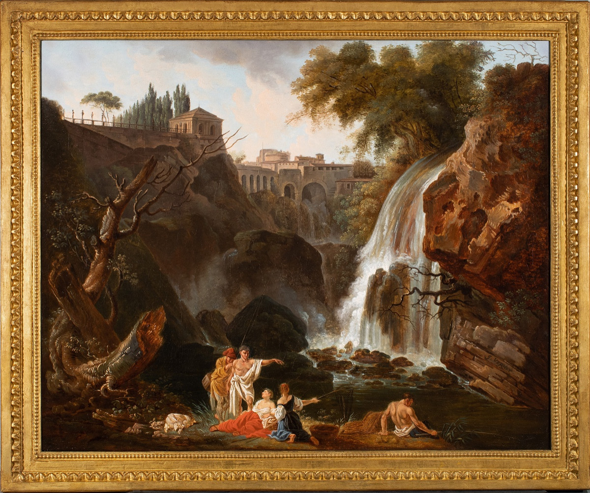 Fishermen At The Foot Of The Tivoli Waterfalls. Joseph Vernet (avignon 1714 - Paris 1789) & Workshop