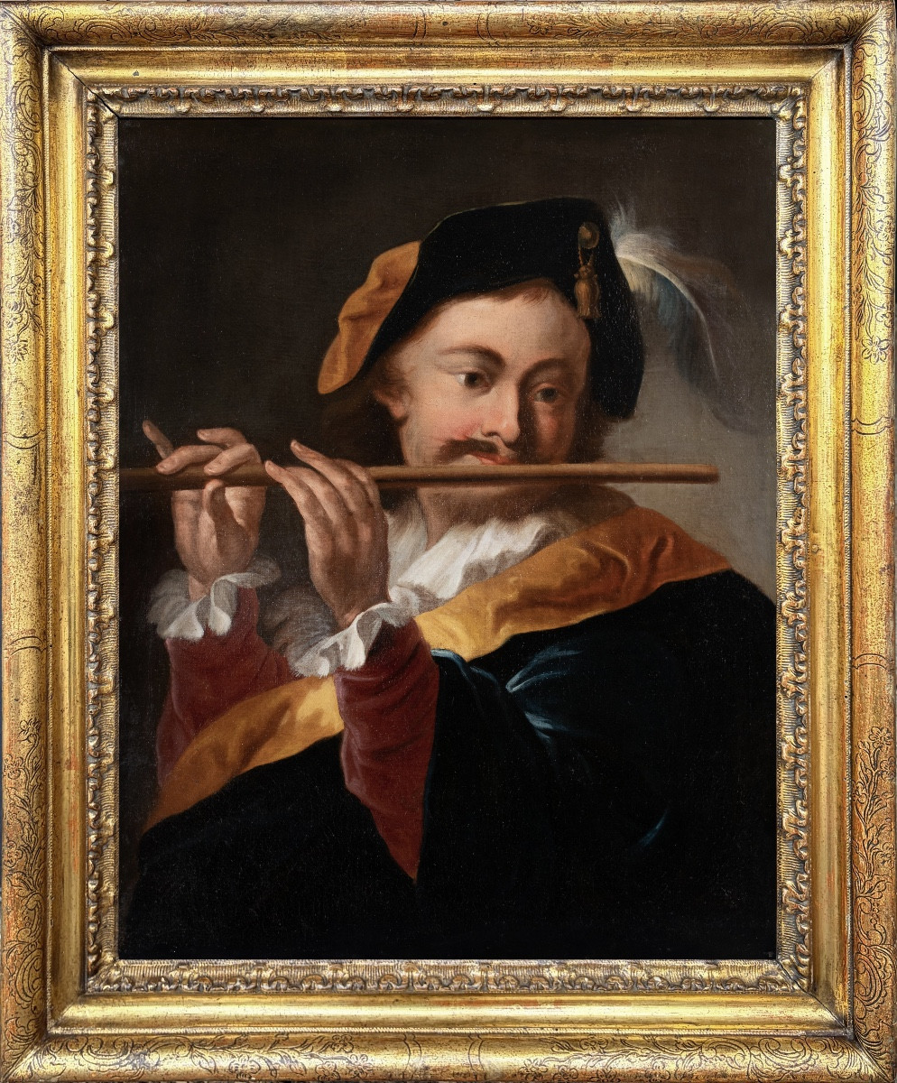 École romaine, première moitié du XVIIIᵉ siècle. Joueur de flûte en demi figure