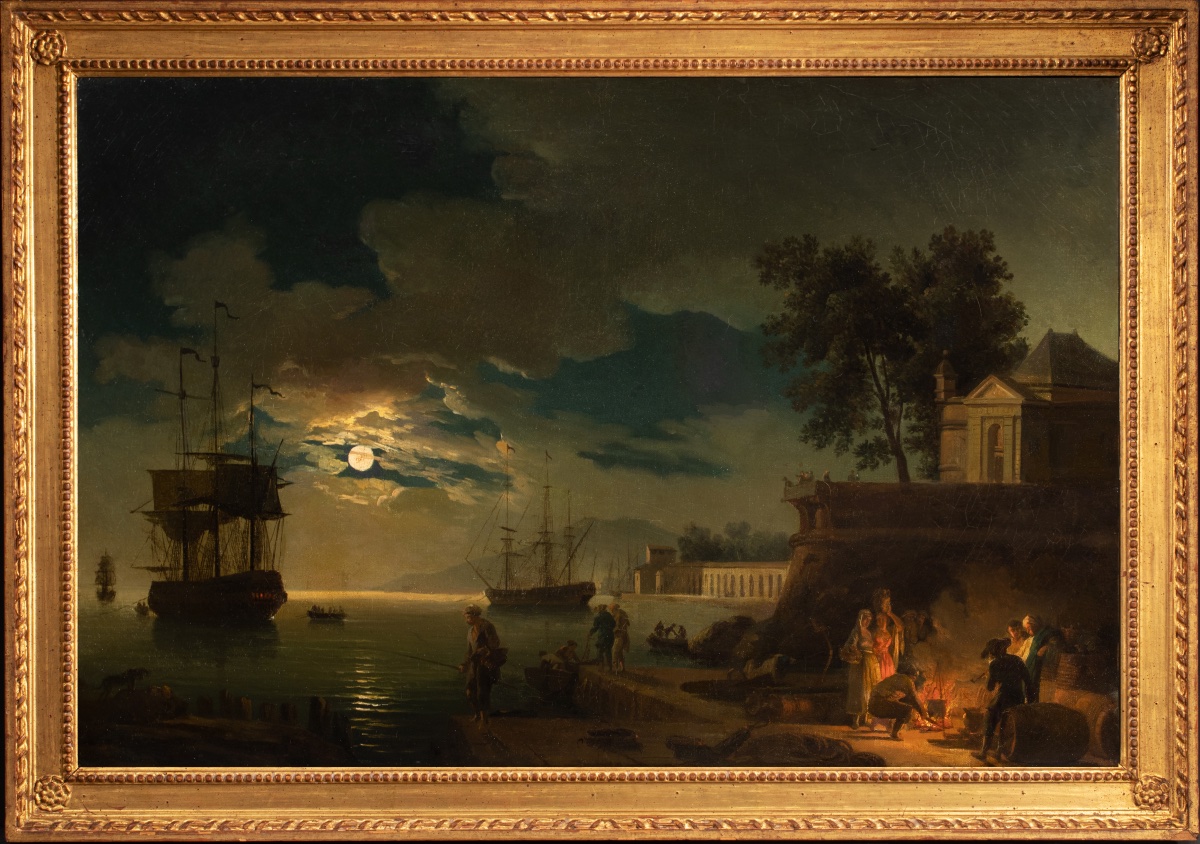 Atelier de Joseph Vernet, fin XVIIIᵉ siècle. Vue d’un port au clair de lune avec un feu de camp