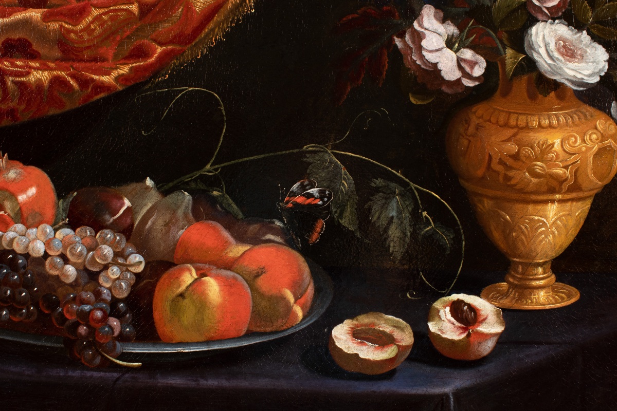 Francesco Cittadini And His Workshop (17th Century) Fruit And Vase Of Flowers In Front Of A Drapery-photo-3