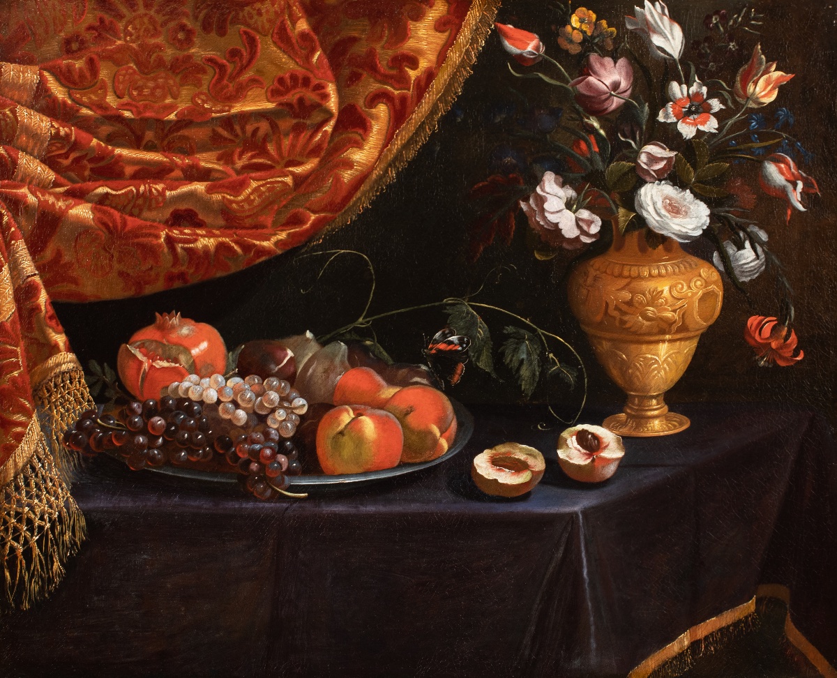 Francesco Cittadini And His Workshop (17th Century) Fruit And Vase Of Flowers In Front Of A Drapery-photo-1