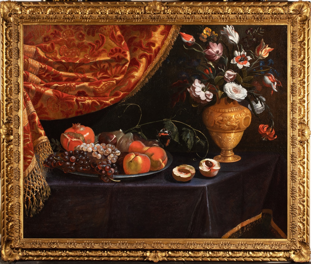 Francesco Cittadini And His Workshop (17th Century) Fruit And Vase Of Flowers In Front Of A Drapery