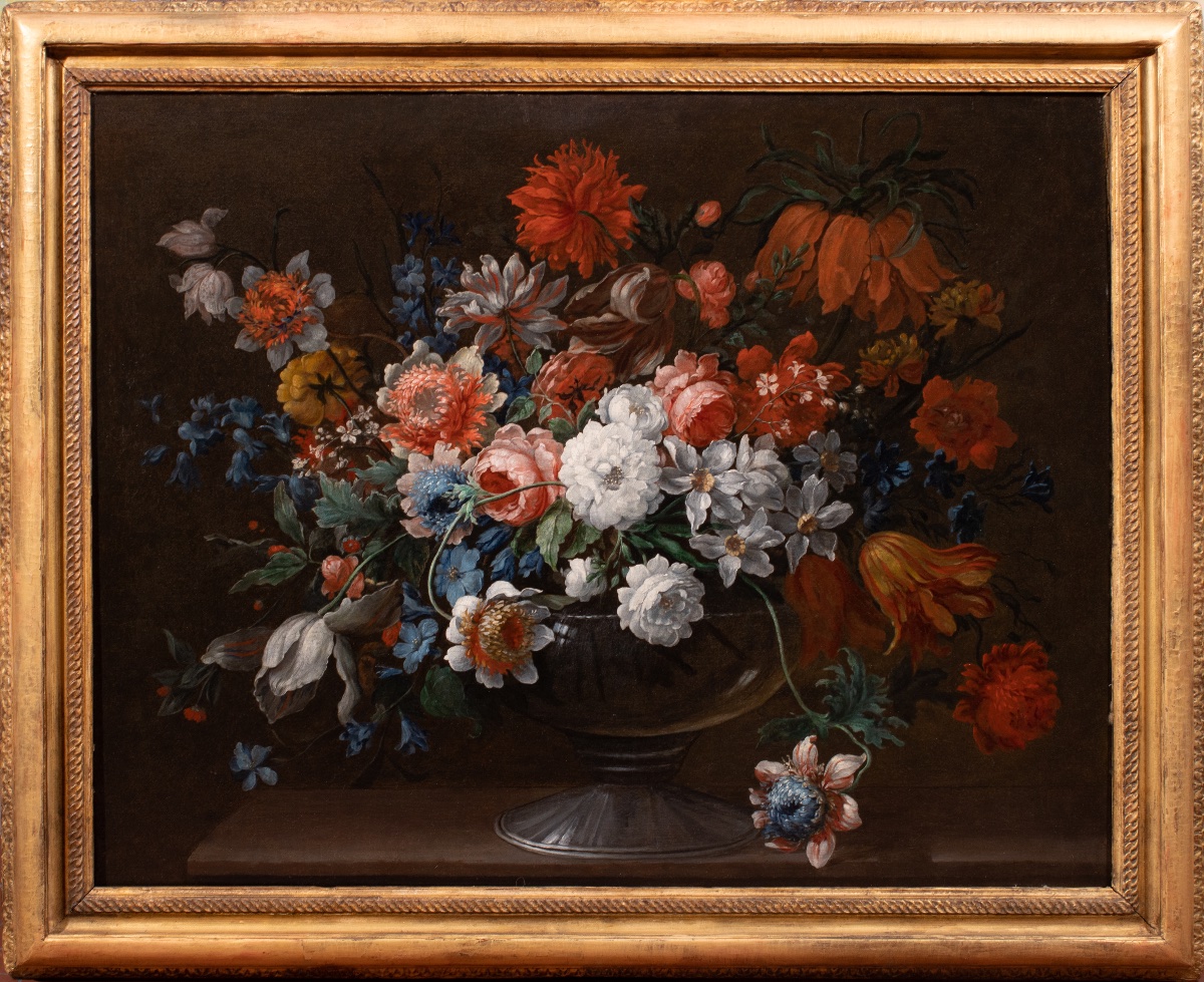 Jean Baptiste Monnoyer (1636–1699) & Workshop. Large Vase Of Flowers On A Marble Entablature