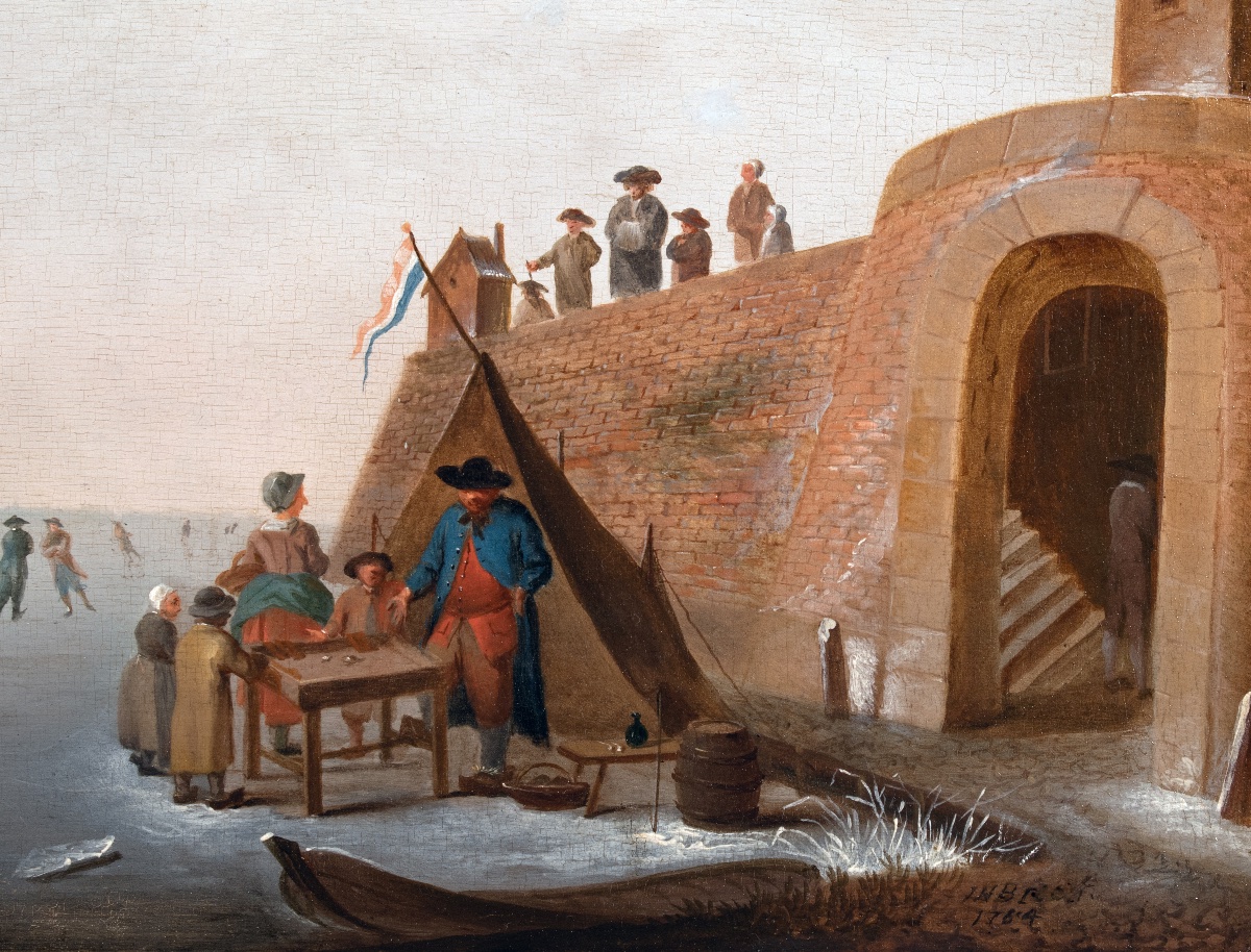 Paysage d’hiver aux patineurs et joueurs de trictrac. Hollande XVIIIe siècle, daté 1764-photo-3