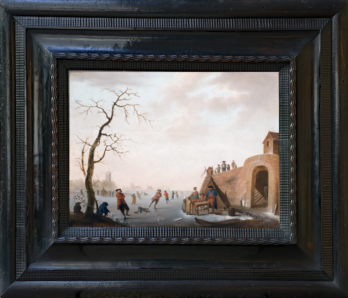 Paysage d’hiver aux patineurs et joueurs de trictrac. Hollande XVIIIe siècle, daté 1764