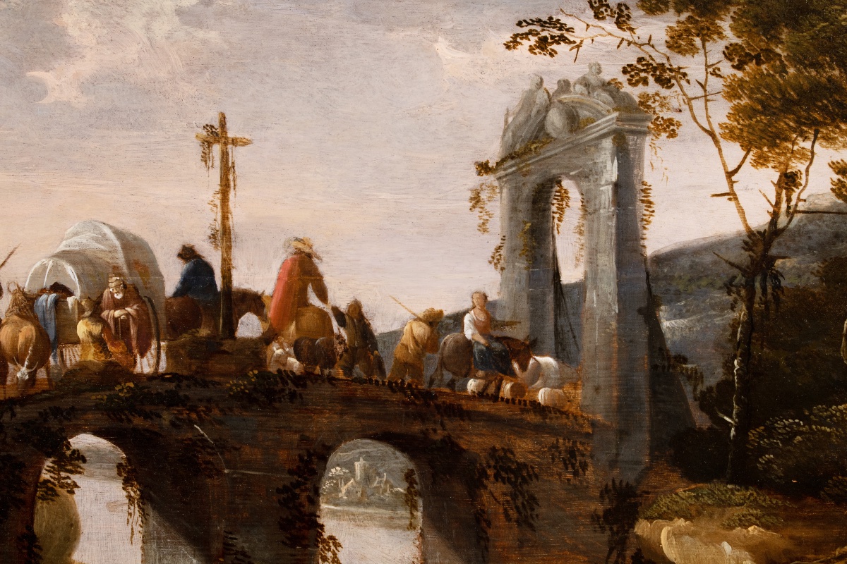 Attributed To Adam Pynacker (1622–1673). Caravan Crossing A Bridge In An Italianate Landscape-photo-3