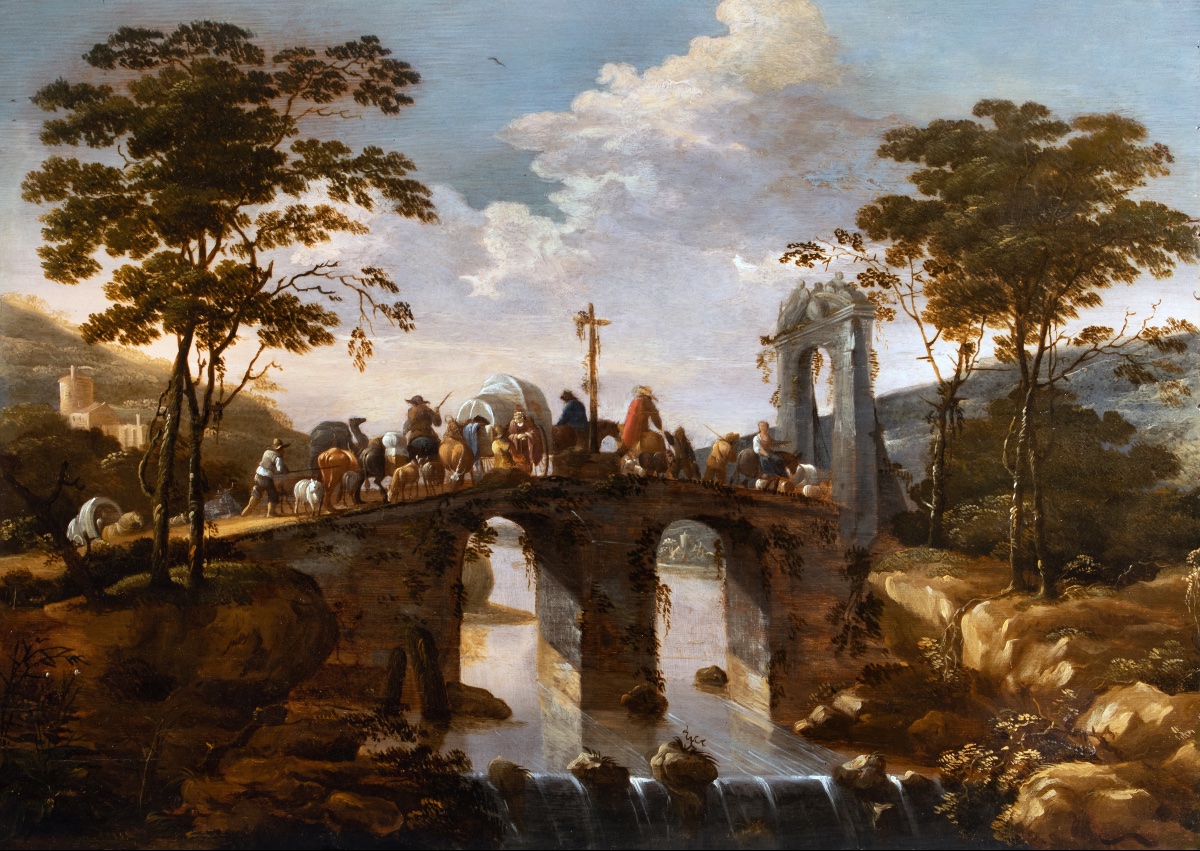 Attributed To Adam Pynacker (1622–1673). Caravan Crossing A Bridge In An Italianate Landscape-photo-4
