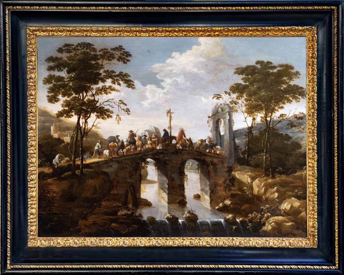 Attributed To Adam Pynacker (1622–1673). Caravan Crossing A Bridge In An Italianate Landscape