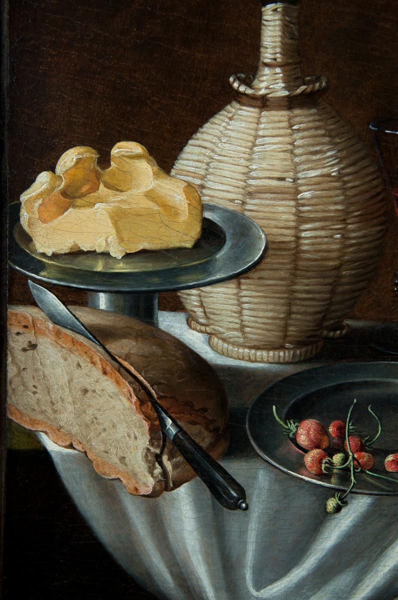 Still Life In La Fiasque, Bread, Butter, Wine, Strawberries And Grapes. Alsatian School Seventeenth S-photo-3
