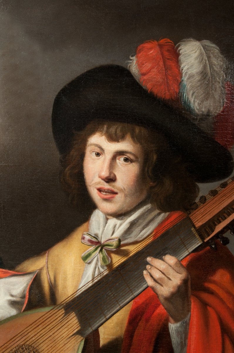 Couple de chanteurs au Théorbe. Peintre Caravagesque nordique du XVIIème siècle.-photo-2