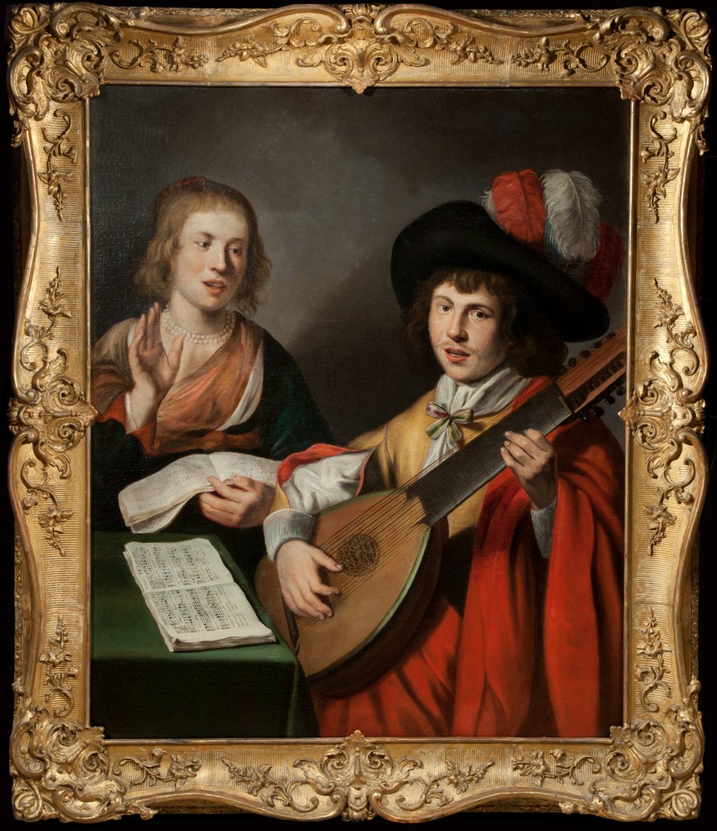 Couple de chanteurs au Théorbe. Peintre Caravagesque nordique du XVIIème siècle.