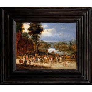 Paysage fluvial animé d’une scène de marché. Atelier de Jan Brueghel le Jeune. XVIIème Siècle.