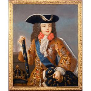 Le Roi Louis XV enfant posant aux côtés des Regalia. École de Pierre Gobert (1662-1744)