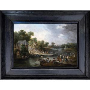 17th Century Flemish School. Village Festival In A River Landscape 