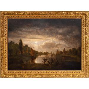 Aert van der Neer (1603–1677) et atelier. Paysage au clair de lune, avec deux pêcheurs 