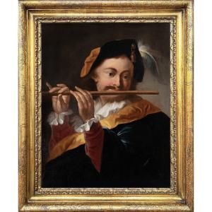 Roman School, First Half Of The XVIIIᵉ Century. Half-figure Flute Player