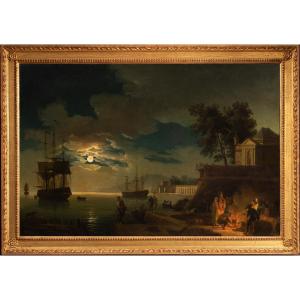 Atelier de Joseph Vernet, fin XVIIIᵉ siècle. Vue d’un port au clair de lune avec un feu de camp
