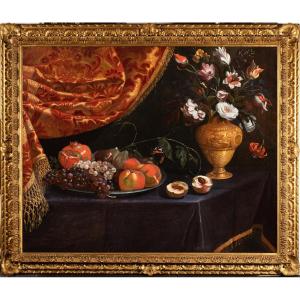 Francesco Cittadini And His Workshop (17th Century) Fruit And Vase Of Flowers In Front Of A Drapery