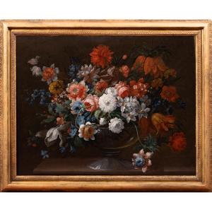 Jean Baptiste Monnoyer (1636–1699) & Workshop. Large Vase Of Flowers On A Marble Entablature