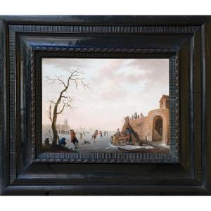 Paysage d’hiver aux patineurs et joueurs de trictrac. Hollande XVIIIe siècle, daté 1764