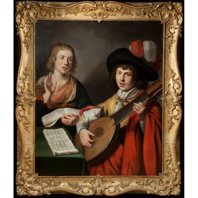 Singers Couple At Theorbe. Painter Caravagesque Nordic Seventeenth Century.