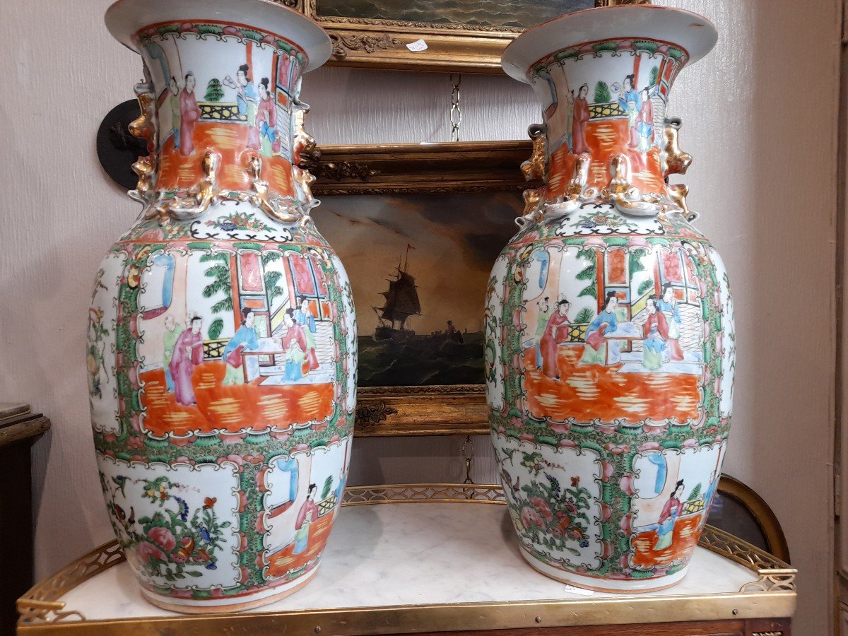Paire  d'importants Vases Canton époque XIXe Siecle