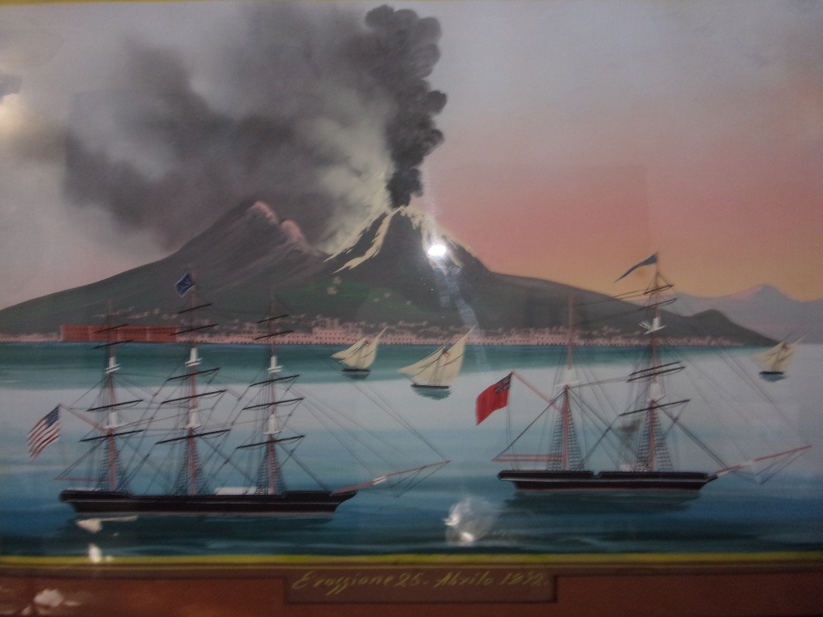 Large Neapolitan Gouache Eruption From 1852 Its Frame, Nineteenth Century-photo-4