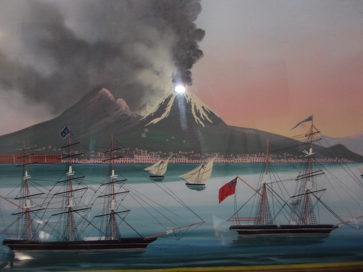 Large Neapolitan Gouache Eruption From 1852 Its Frame, Nineteenth Century-photo-1