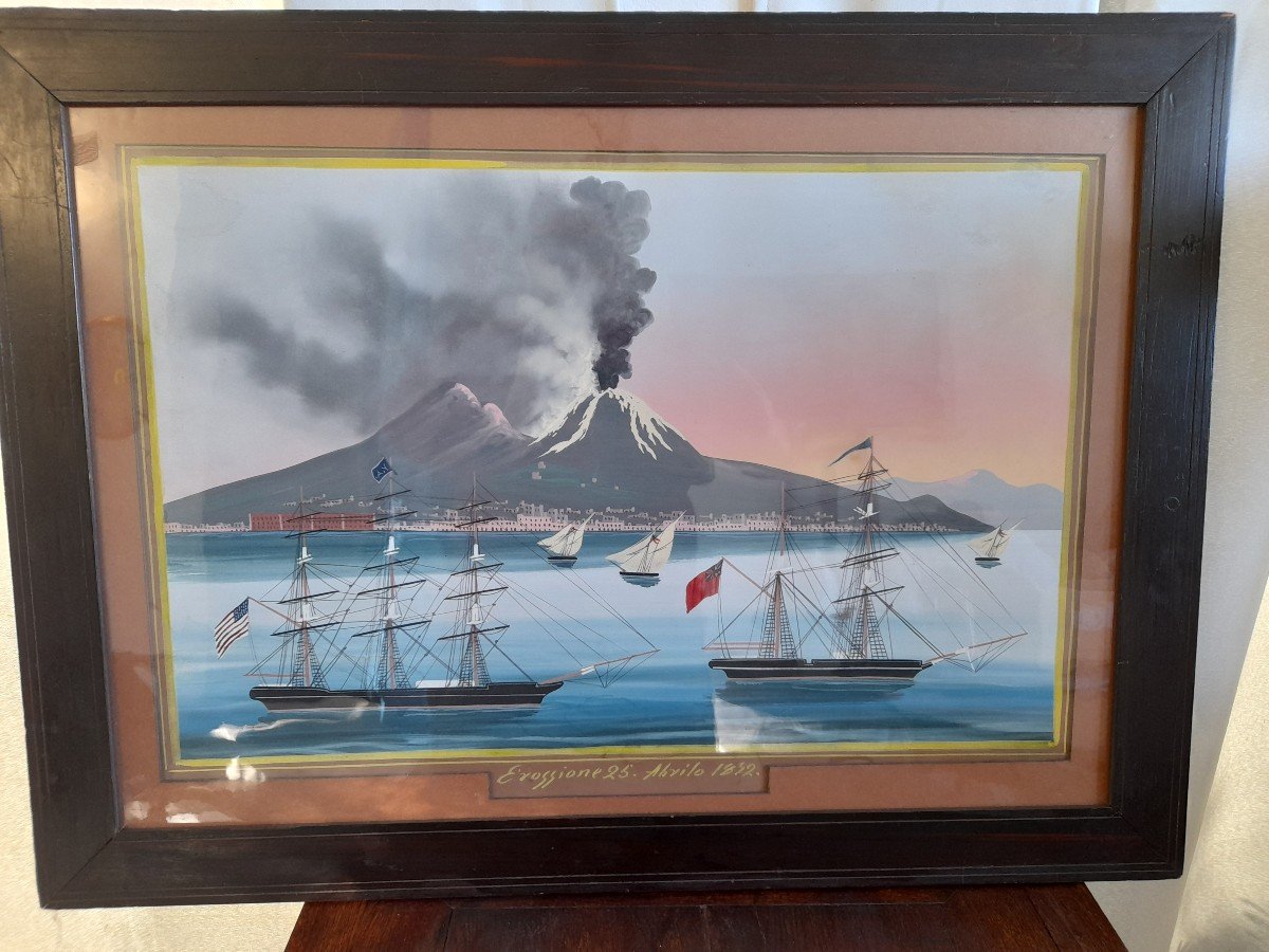 Large Neapolitan Gouache Eruption From 1852 Its Frame, Nineteenth Century-photo-8