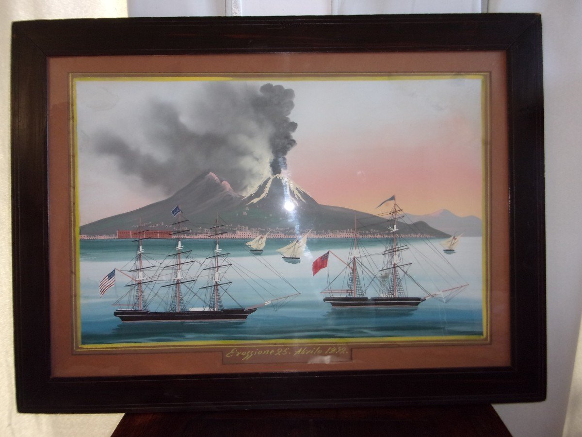Grande Gouache Napolitaine  éruption De 1852 Son  Cadre  , époque XIXe Siècle